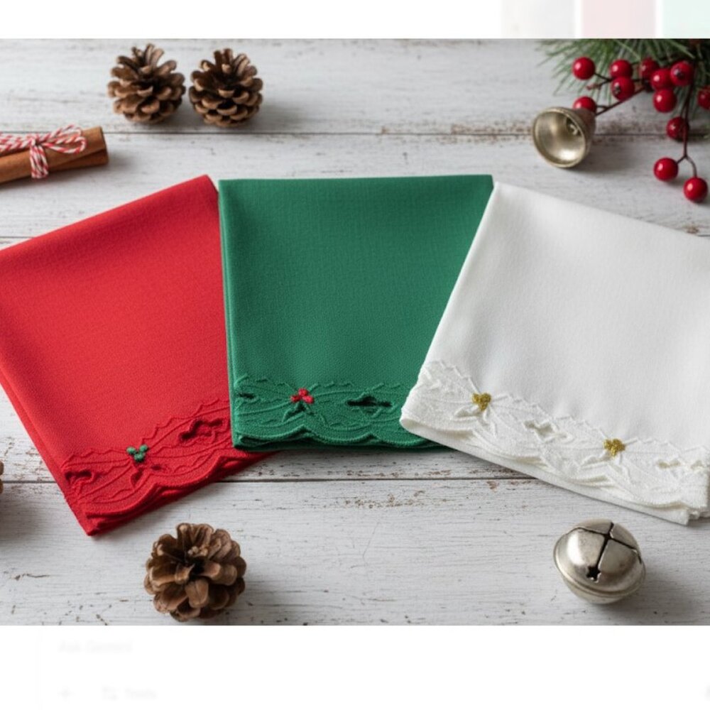 Vintage Christmas Fabric Napkins NIB Set of 3 Embroidered Holly Red Green White